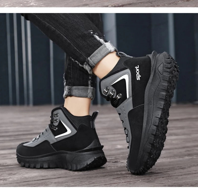 Black And Tan Mid Top Hiking Boots Suede And Leather Platform Sneakers Non Slip Outdoor Casual Shoes With Rugged Sole For All