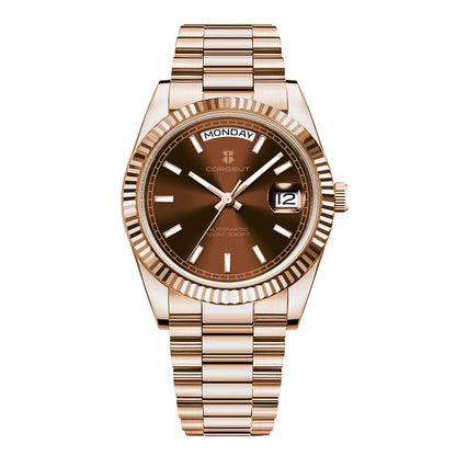 Orologio meccanico da uomo CORGEUT NH36 con indicazione di giorno e data, bracciale President, cassa in acciaio, lunetta arcuata filettata, impermeabile