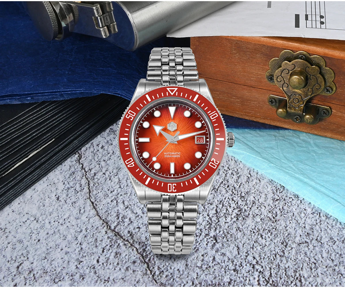 San Martin 40mm Luxus-Taucheruhr für Herren, Miyota 9015, Sunburst-Emaille-Zifferblatt, automatische mechanische Armbanduhr, wasserdicht bis 200m, SN0148