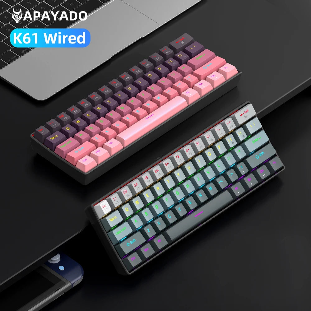 APAYADO K61 Mini Mechanical Keyboard, Wired, 61 Keys, Phantom RGB, Black/White Red/Blue Mechanical Switch for Gaming, 60% Portable