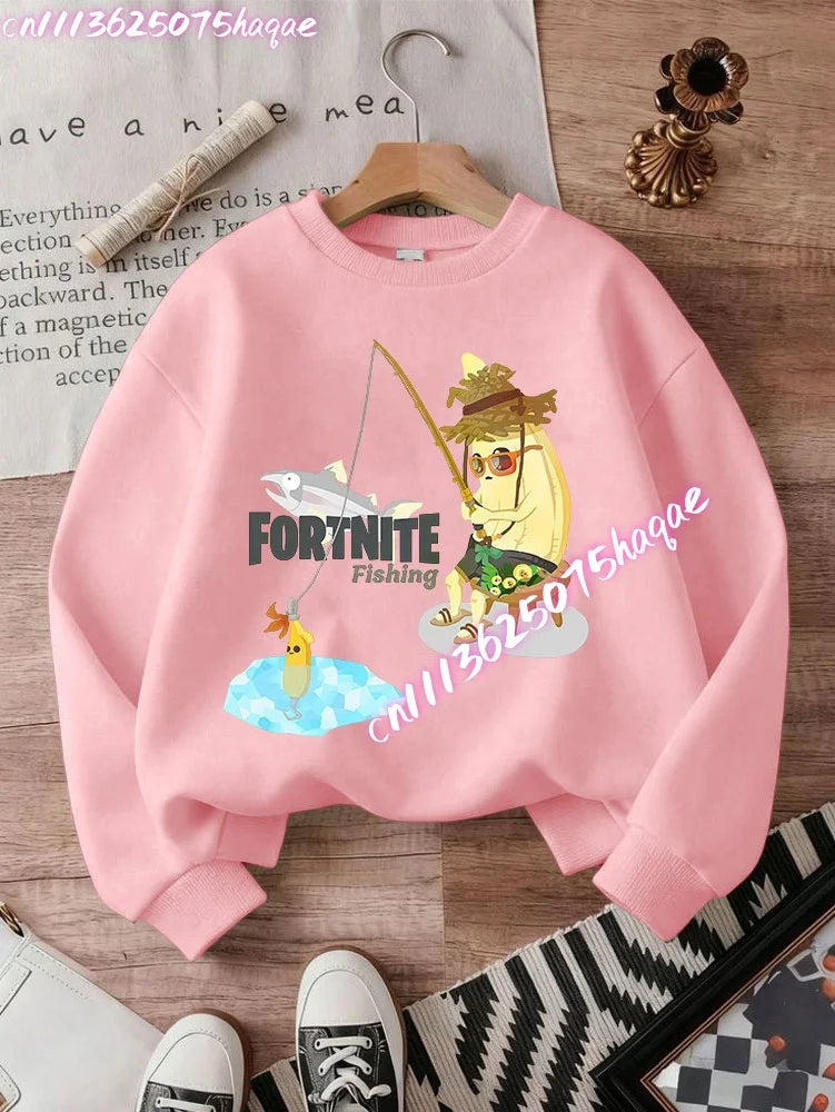 Sweat-shirts Fortnite novos para criança, hoodie com estampado de personagem de jogo em estilo cartoon, camisolas casuais de outono para criança, roupa de inverno para bebé menino