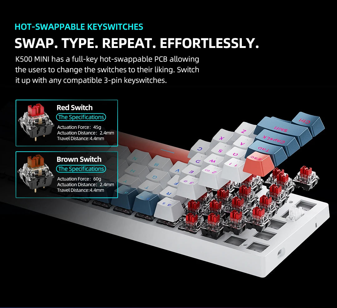 K500-B61 Machenike Mini Teclado Mecânico 60% 61 Teclas Gaming com Fio, Totalmente Hot-Swappable, Retroiluminação RGB