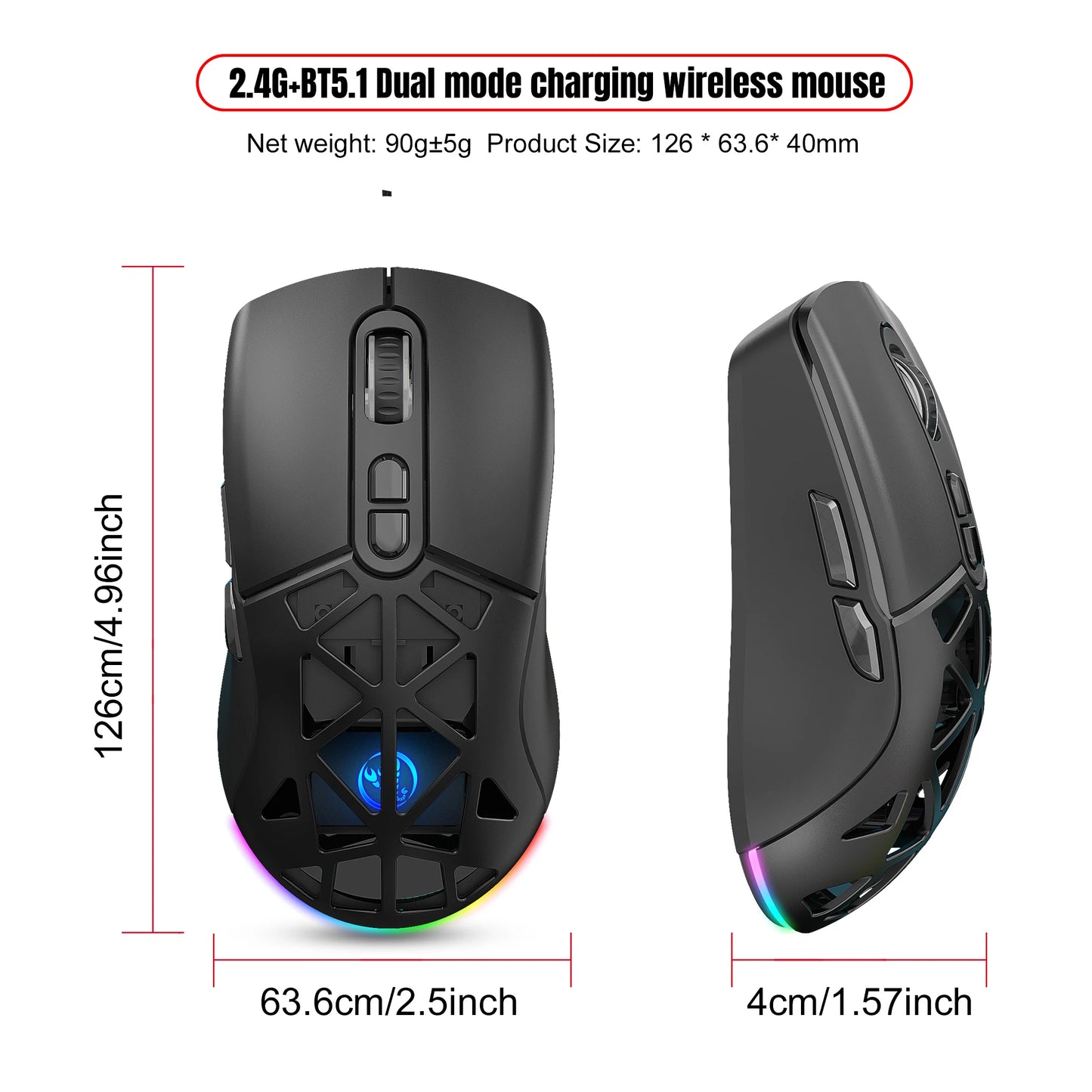 HXSJ T26 kétmódú gaming egér, 2.4G+BT5.1 vezeték nélküli gamer egér laptophoz, 4800DPI állítható, ergonomikus optikai számítógépes gamer egér