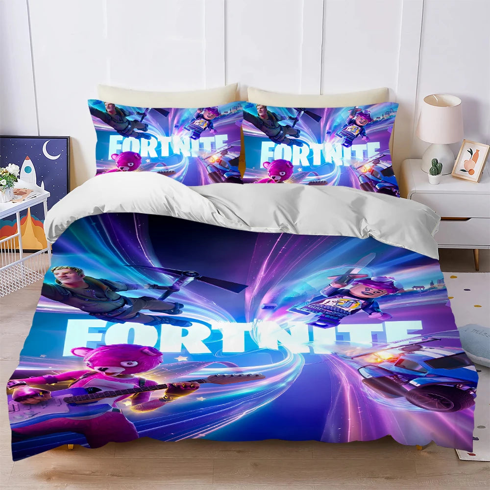 Battle Game F-Fortnite Bettbezug-Set, weich gewaschen, 3-teilig, sommerlich komfortabel, für Studentenwohnheim, Zuhause und Babybettwäsche, Bestseller