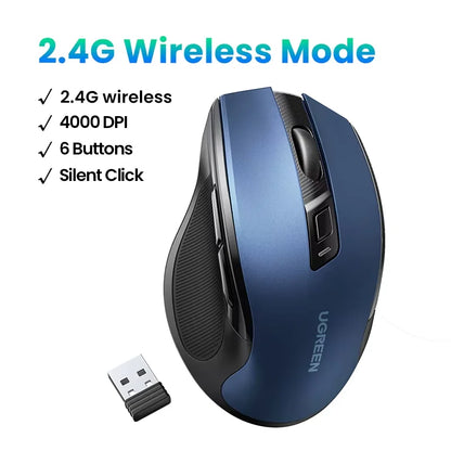 Mouse wireless UGREEN Bluetooth 5.0 ergonomico 4000DPI con 6 pulsanti silenziosi, per MacBook, tablet, laptop, computer e PC, mouse 2.4G
