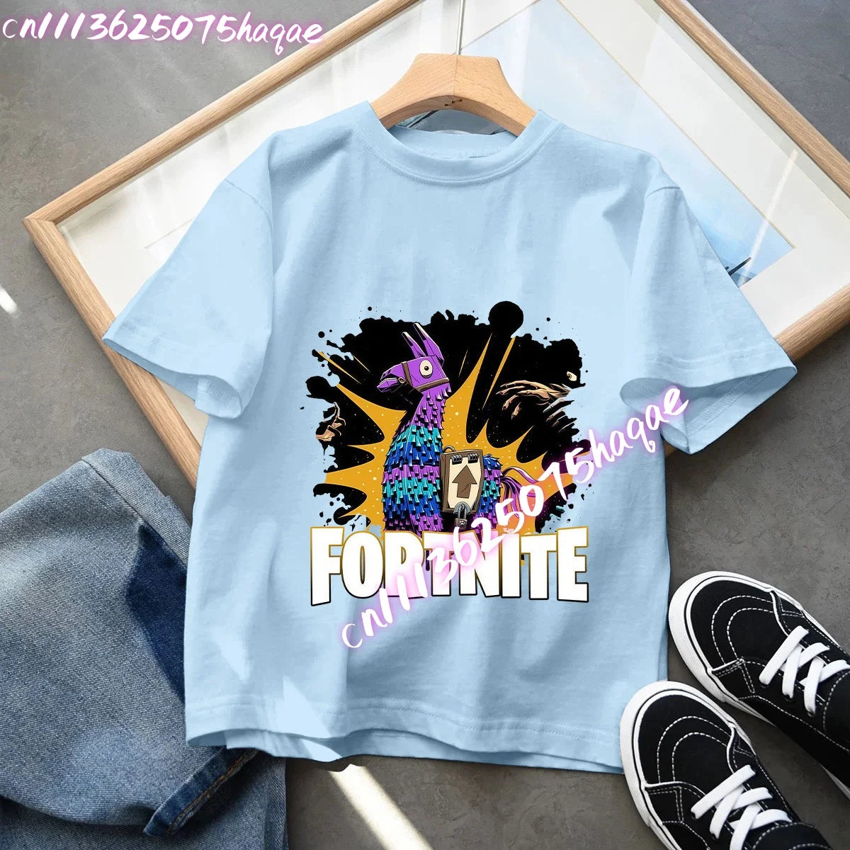T-shirt azul de algodão Fortnite para criança, camisola de manga curta Fortress Night para bebé, top kawaii com desenho animado para menino e menina, roupa de verão, prenda