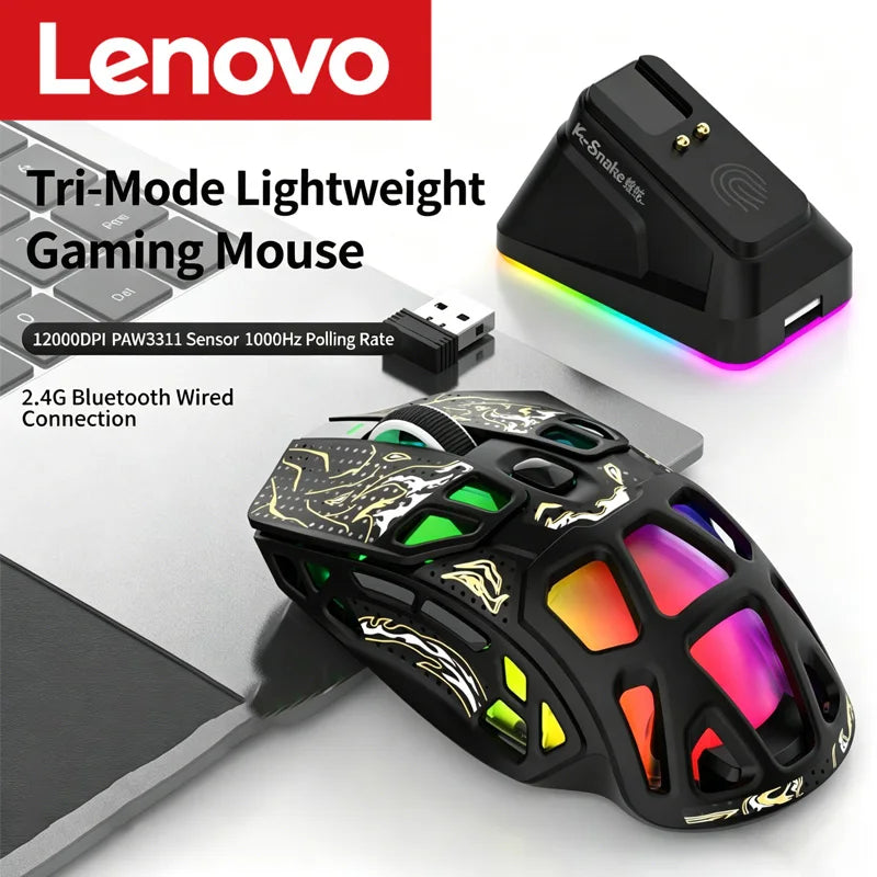 Mouse da gaming leggero Lenovo Tri-Mode con dock di ricarica RGB 12000DPI 2.4G/Bluetooth/cablato mouse ergonomico per PC laptop