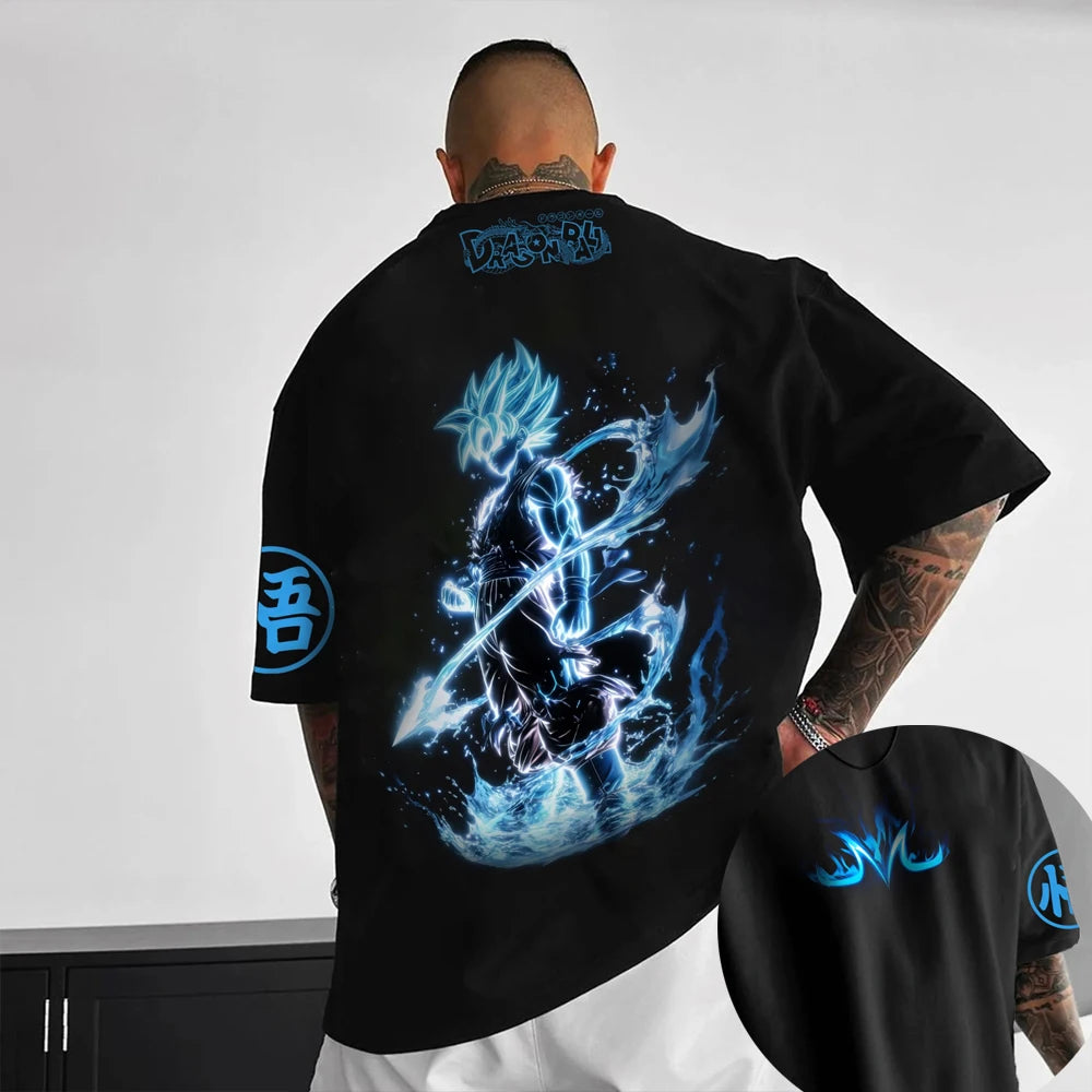 T-shirt oversized infantil Dragon Ball Z Son Goku Todas as Formas Broly Aura Azul Estampado de Grupo, streetwear anime para homem, T-shirt anime para fãs