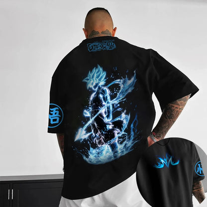 T-shirt oversized infantil Dragon Ball Z Son Goku Todas as Formas Broly Aura Azul Estampado de Grupo, streetwear anime para homem, T-shirt anime para fãs