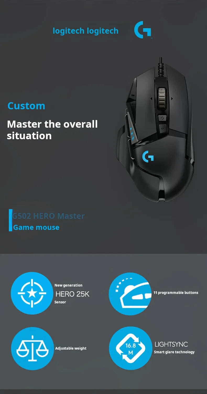 Logitech G502 HERO kablet gamingmus til e-sport, PUBG, mekanisk mus med RGB-lys, justerbar vægt og programmerbare makroer