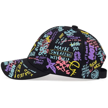 Farbenfrohe Hip-Hop-Baseballkappe mit Graffiti-Motiv, lässige Sonnenkappe mit Entenschnabel-Krempe und Aufdruck, individuell gestaltet für Männer und Frauen
