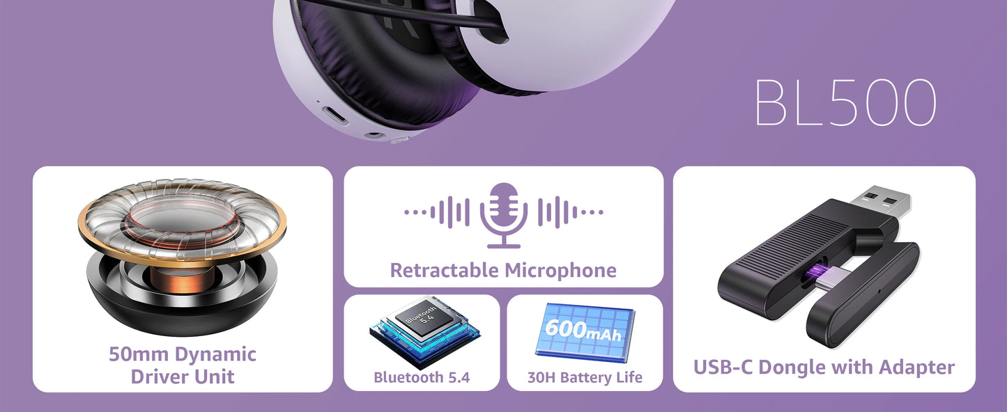 Acinaci BL500 kabelloses Gaming-Headset 2.4G Bluetooth 5.3 & kabelgebunden – Noise-Cancelling-Mikrofon, 30H Akku, 50mm-Treiber für PC, PS5, PS4