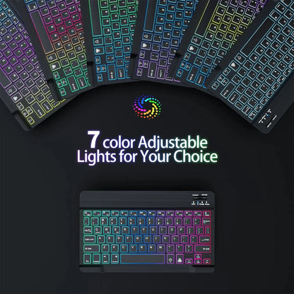 Mini teclado Bluetooth RGB retroiluminado de 10 polegadas com rato sem fios recarregável para espanhol, russo, hebraico, coreano, francês, árabe e português de Portugal