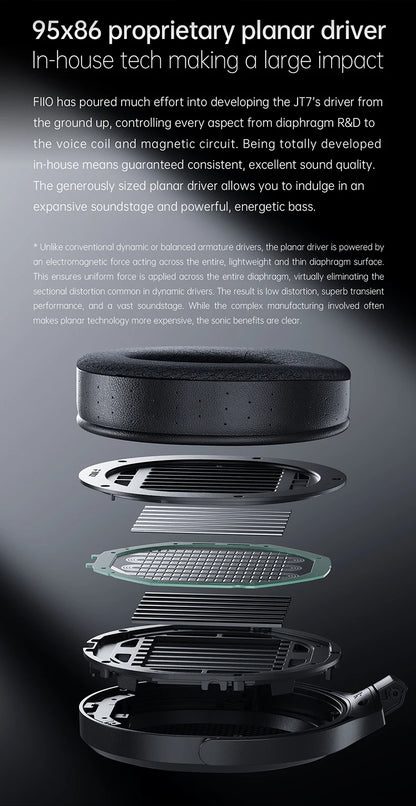 FiiO JT7 Planar-Magnetic-Audiophile-Kopfhörer – kabelgebundenes Over-Ear-HiFi-Headset mit 95x86mm-Treiber, verstellbarem Kopfbügel und 4.4mm/3.5mm-Kabel