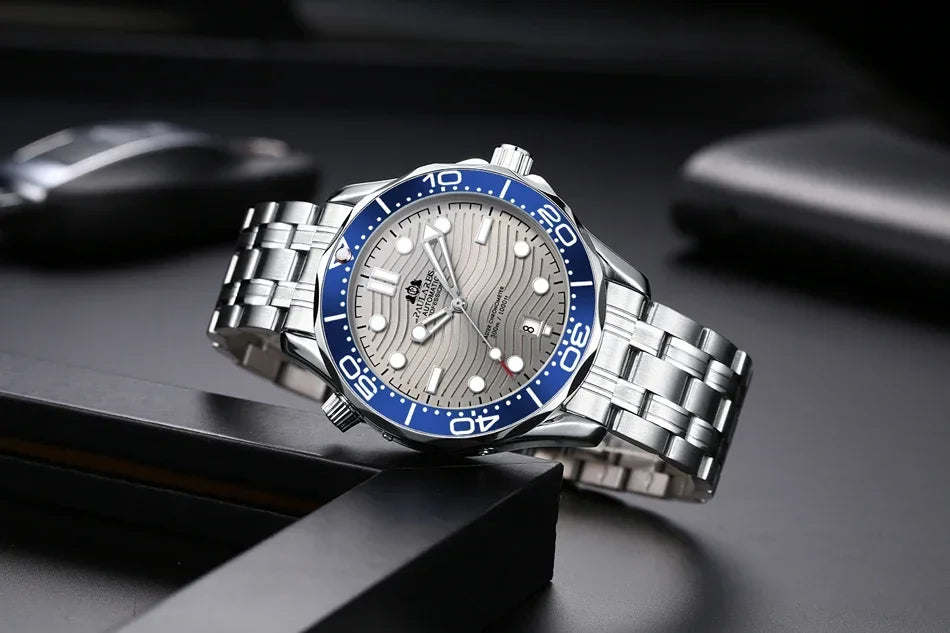 Automatic Mens Watch Mechanical Self Wind Movement Stainless Steel Casual Yellow Gold Silver Blue Master Wave Fashion Watches