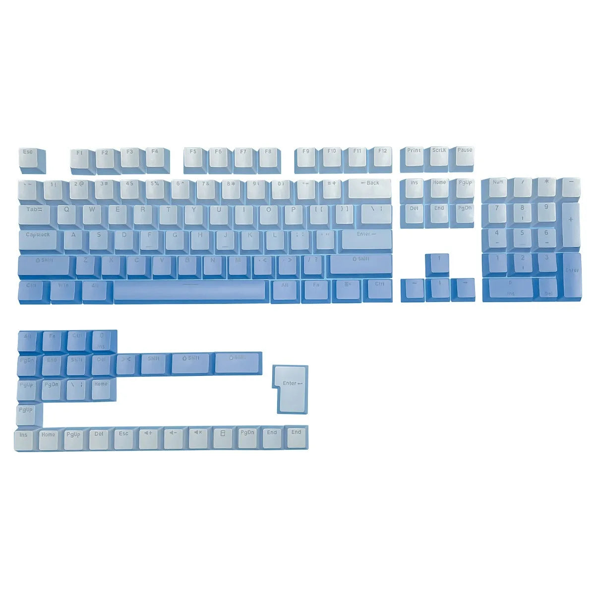 Teclas Gamer RGB retroiluminadas em degradé para teclado mecânico com switch MX, perfil OEM, PBT, branco e azul, layout ISO, teclas DIY