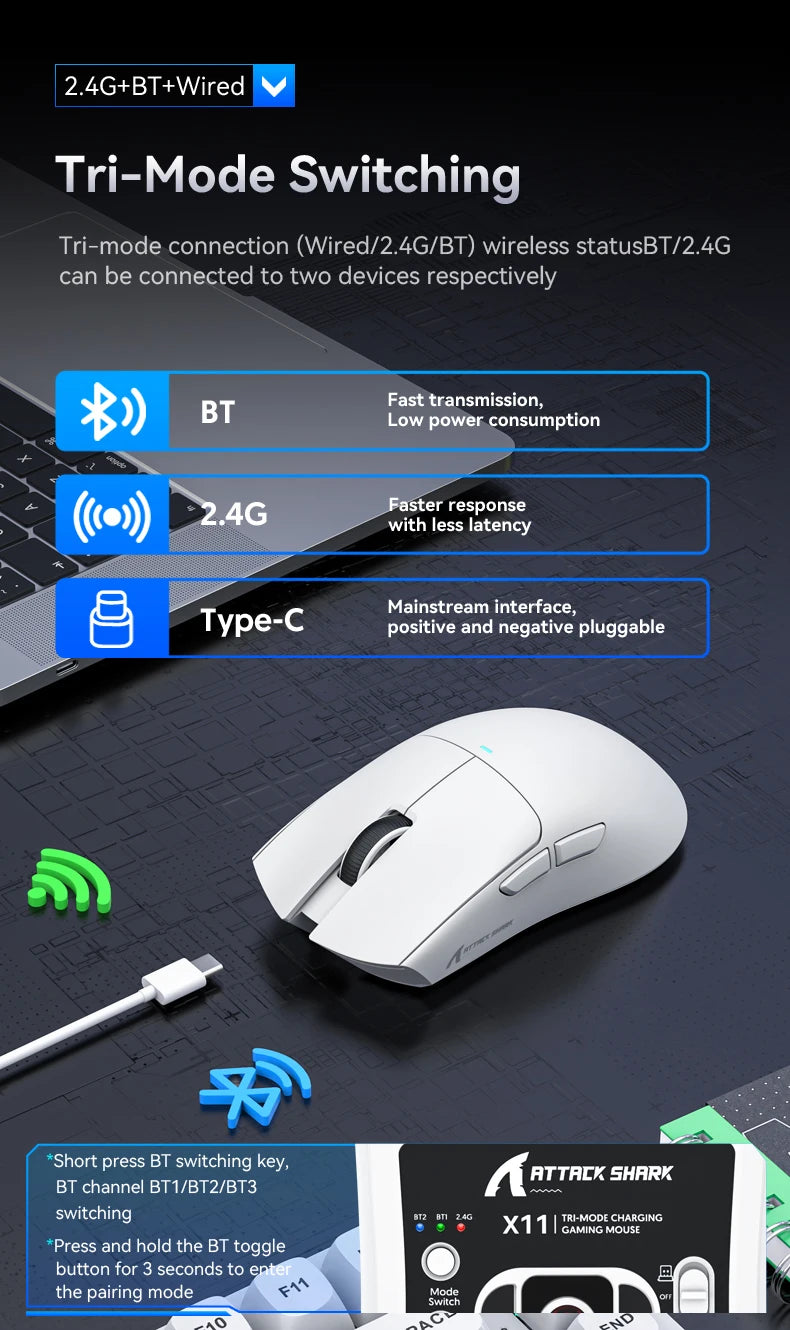 Attack Shark X11&R1 Tri Mode Bluetooth Wireless Mouse With Charger Base RGB Ergonomics Mice Lightweight PC Gamer Accessories