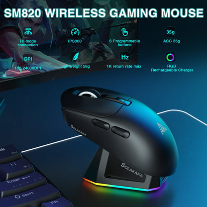 Solakaka SM820 Tri-Mode Wireless Mouse Magnetic Rechargeable Dock RGB PAW3311 24000DPI Wireless Macro Gaming Mouse Ultra-Light