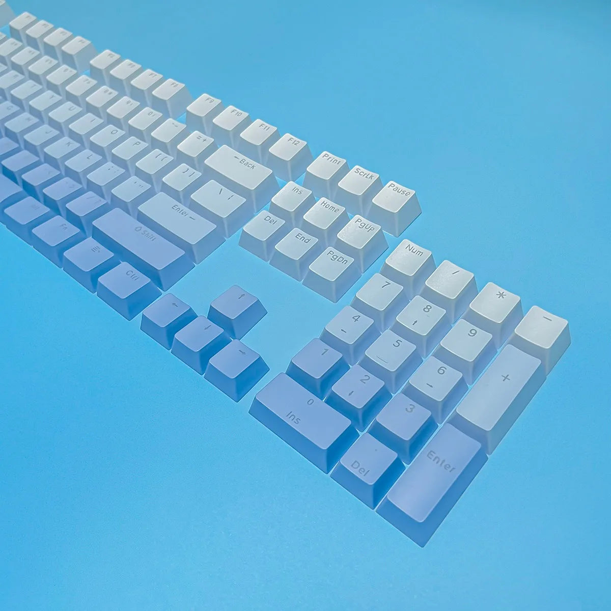 Teclas Gamer RGB retroiluminadas em degradé para teclado mecânico com switch MX, perfil OEM, PBT, branco e azul, layout ISO, teclas DIY