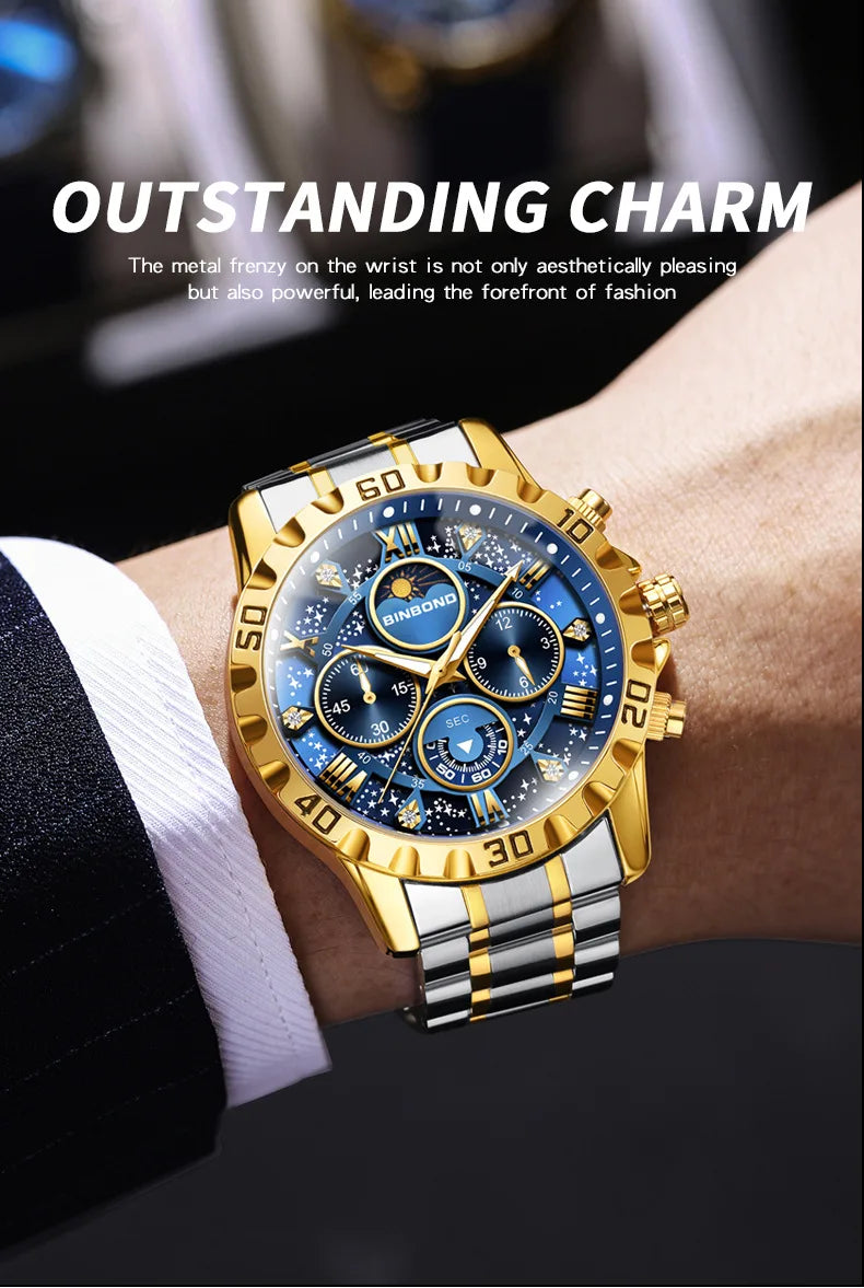 2026 Herrenuhr – leichter Luxus, Business-Stahlarmband, Mondphase, Sternennacht-Design, wasserdicht, modische Quarzuhr für Herren, Geschenk