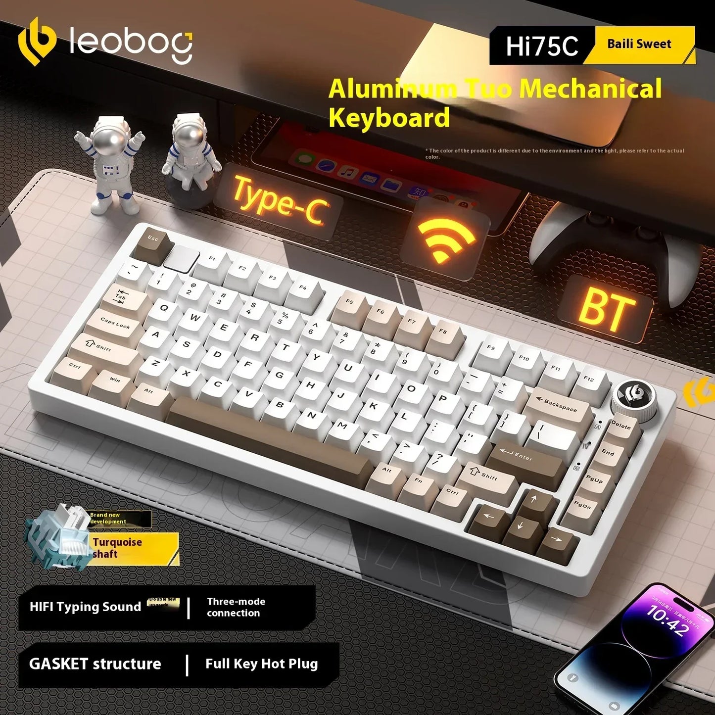 Kit de Teclado Mecânico LEOBOG Hi75C 3 Modos/Com Fio Hot-Swap com Botão Rotativo RGB, Liga de Alumínio, Montagem Gasket, Kit de Teclado Hi75C Personalizado para PC, Presente