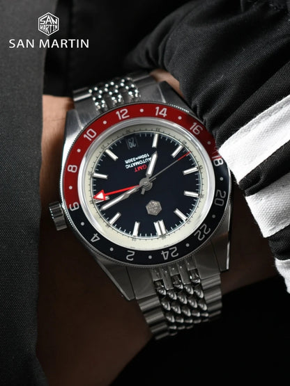 Orologio da uomo automatico San Martin 39.5mm Limited Edition con quadrante Full Lume, NH34 GMT, data a ore 6, 10Bar, Kol Saati di lusso SN0116W