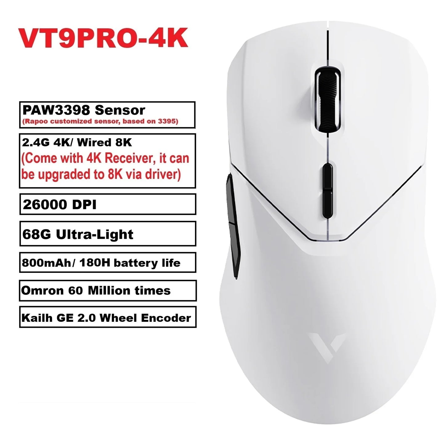 Rapoo VT9PRO PAW3398 Wireless Gaming Mouse 68g Wired Programmable Ergonomic Mice 26000DPI Type C Rechargeable PC Gamer Accessory