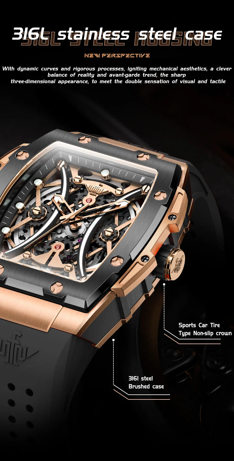 Relógio masculino OUPINKE clássico de luxo com mostrador tonneau, marca de topo, original, automático mecânico, bracelete em silicone e vidro de safira, novo