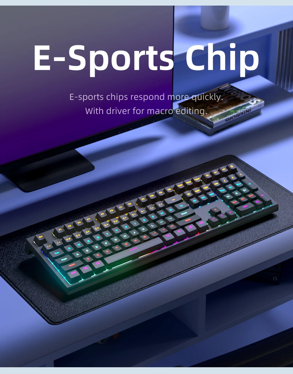 Teclado Gaming Mecânico com Fio de 108 Teclas e Retroiluminação RGB | Chip Gaming | Baixa Latência | Anti-Ghosting | para Jogadores de PC Win/Mac