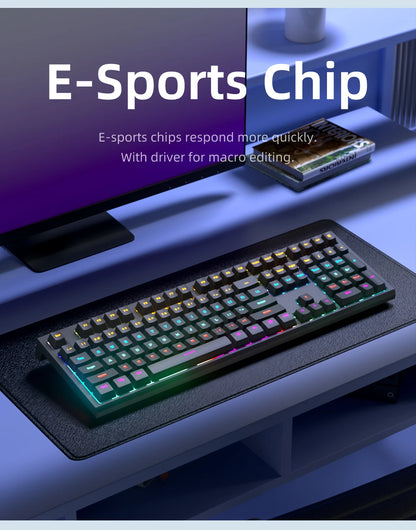 Teclado Gaming Mecânico com Fio de 108 Teclas e Retroiluminação RGB | Chip Gaming | Baixa Latência | Anti-Ghosting | para Jogadores de PC Win/Mac