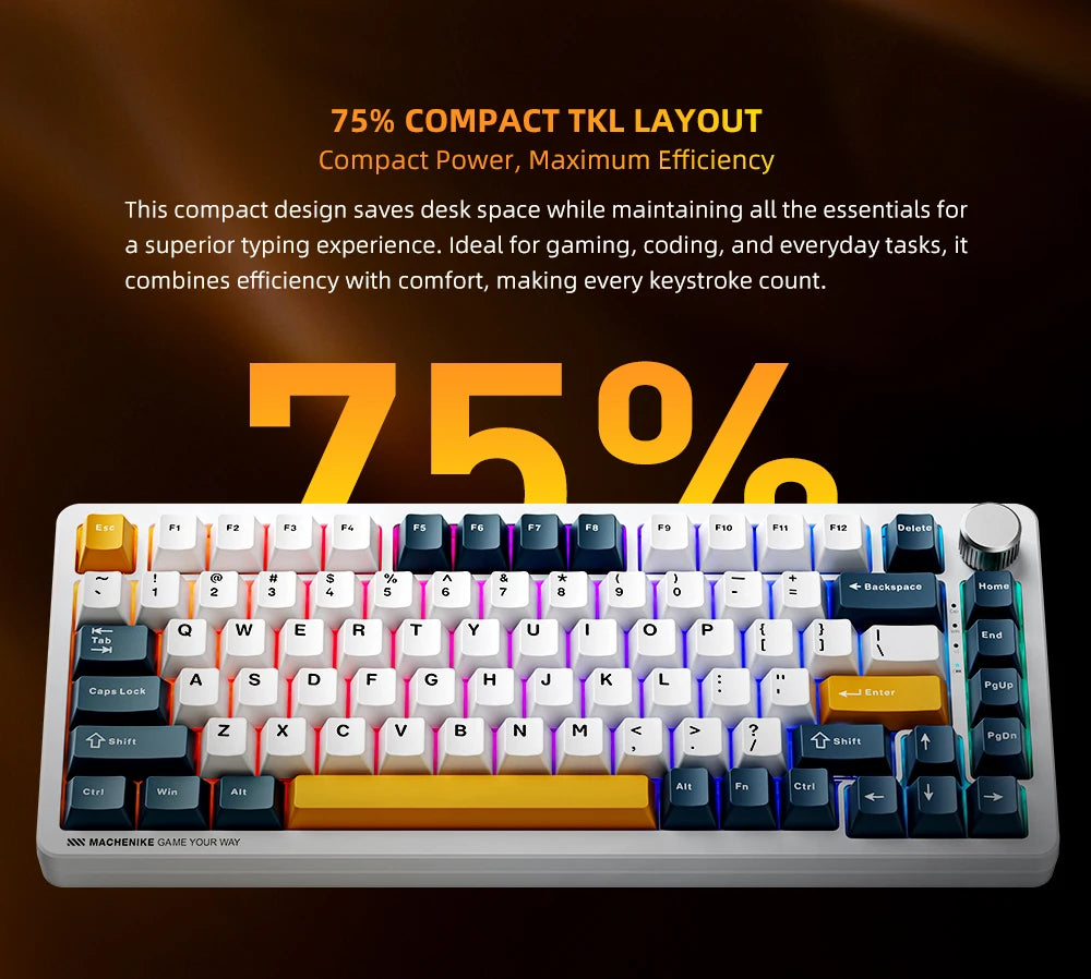 Teclado Mecânico Gaming Sem Fios Machenike K600-B82W Trimodo, Montagem Gasket, Layout ANSI 75% e Retroiluminação RGB
