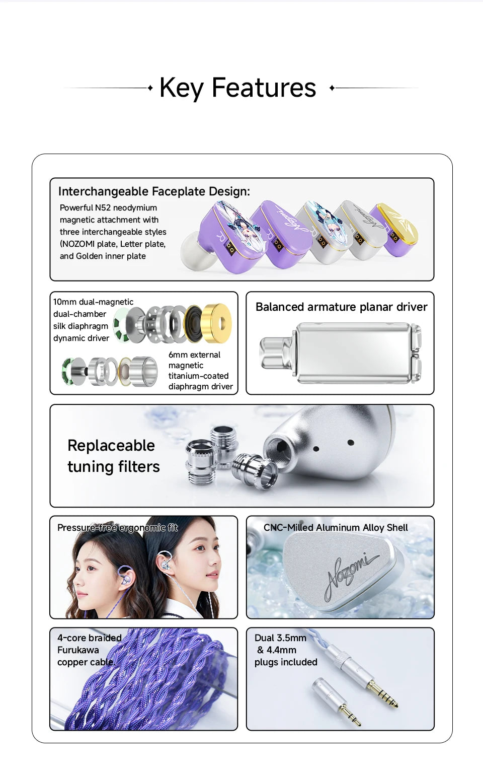 CVJ NOZOMI 2DD+1PD New Planar In-Ear Earphones Interchangeable Panel Nozzle 3 Unit Earbuds for Music And Gaming