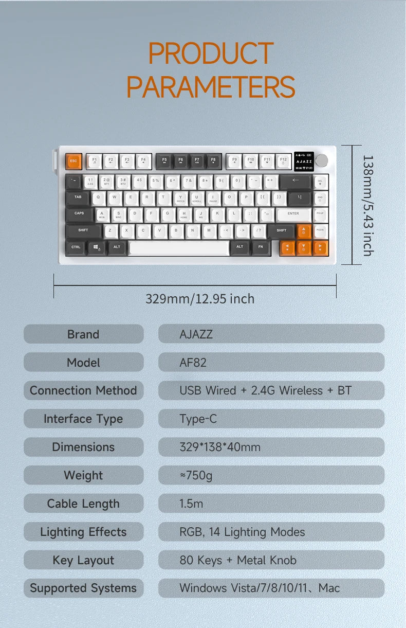 Teclado AJAZZ AF82 Office Low Profile RGB com fios/sem fios para gaming, layout 75%, 82 teclas, bateria de 4000mAh para Win/Mac