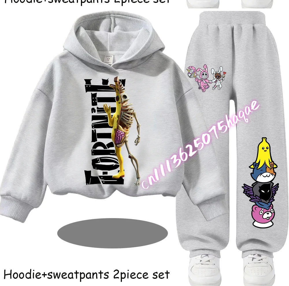 Sweats com Capuz Infantis Estampadas Fortnite, Conjunto Cartoon Confortável de 2 Peças, Tops Largos de Manga Comprida com Calças, Roupa de Outono/Inverno, Presente