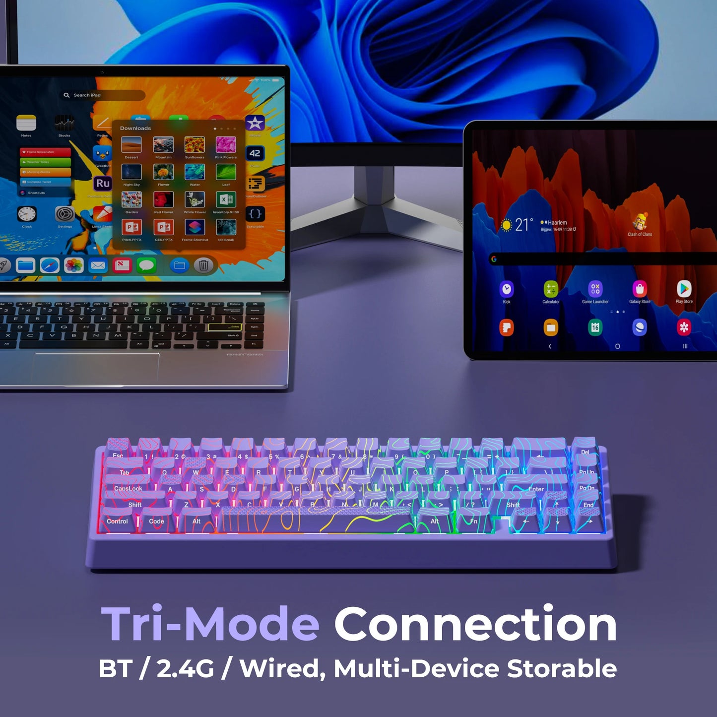 Teclado Mecânico Sem Fios XVX M67 JadeStone com Teclas IMD-Tech Tri-Mode, Teclado Gamer Branco Topographic com Design Gasket