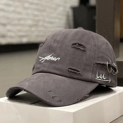 Unisex Asher Embroidery Broken Hole Iron Ring Baseball Caps Outdoor Adjustable Spring and Autumn Casual Sunscreen Hat