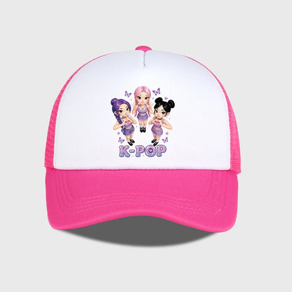K-POP Cute Cartoon Girl Group Print Sponge Mesh Cap | Unisex Adjustable Mesh Baseball Cap | Y2K K-Pop Fan Street Style Sun Hat