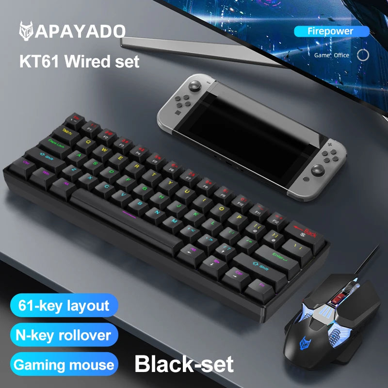 APAYADO K61 Mini Mechanical Keyboard, Wired, 61 Keys, Phantom RGB, Black/White Red/Blue Mechanical Switch for Gaming, 60% Portable