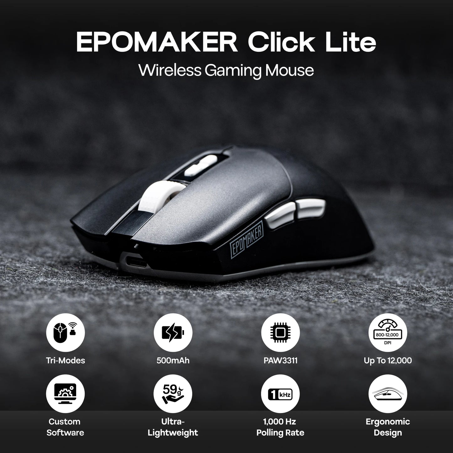 EPOMAKER Click Lite Wired/BT/2.4GHz Wireless Gaming Mouse PAW3311 Sensor 800 to 24000 DPI with 500mAh Battery for PC/Mac/Linux