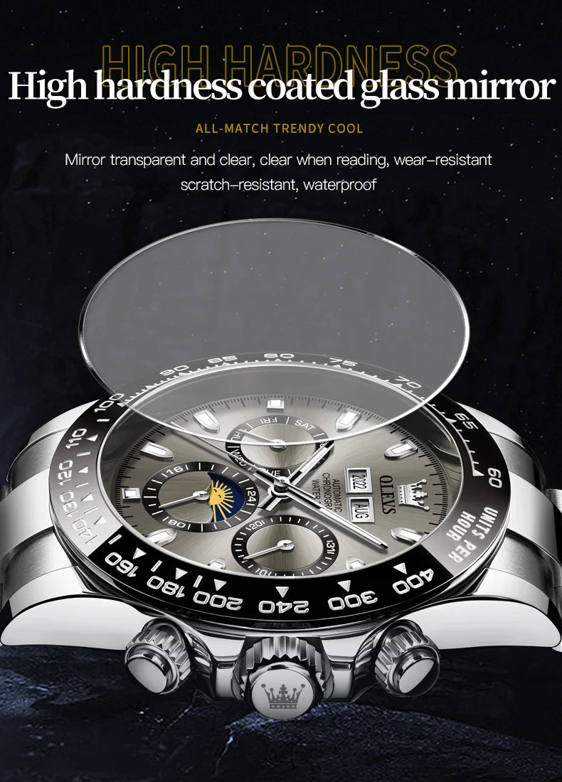 OLEVS 6654 Luxury Mens Watch Chronograph Automatic Mechanical Wristwatch Waterproof Luminous Top Brand Watch for Man Date Sport
