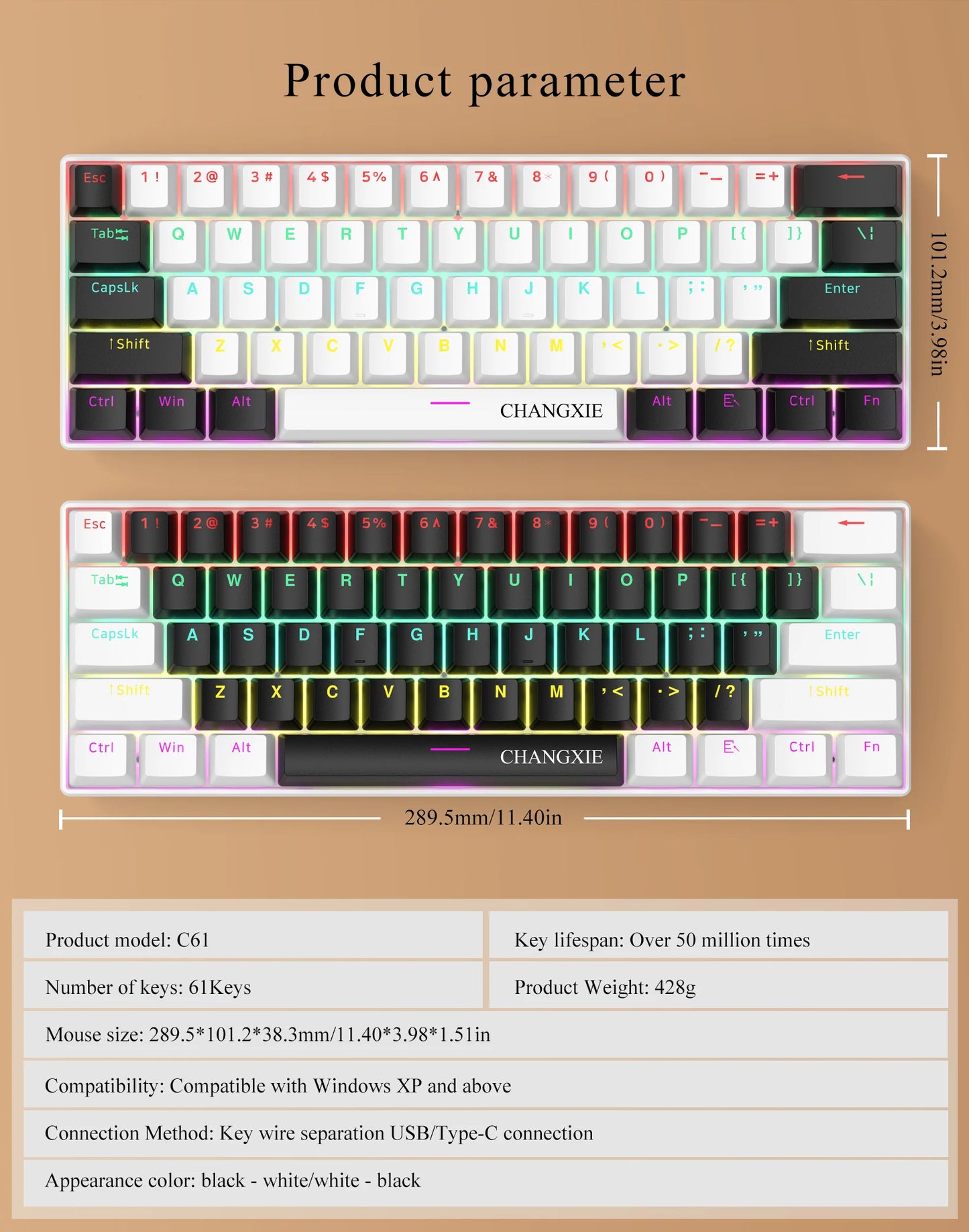 60% Compact Wired Mechanical Keyboard 61 Keys RGB Backlight Red Switch Ergonomic Small Portable for Office Computer Windows Tablet