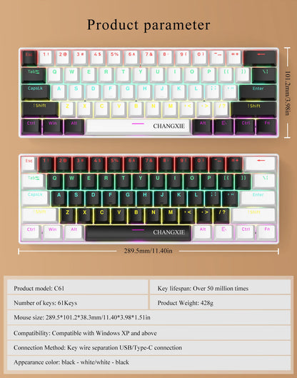 60% Compact Wired Mechanical Keyboard 61 Keys RGB Backlight Red Switch Ergonomic Small Portable for Office Computer Windows Tablet