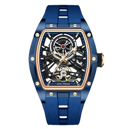 MINI FOCUS Herren-Armbanduhr, modisch, schwarz, wasserdicht, automatische mechanische Uhr mit Leuchtzeigern, Silikonarmband und Tonneau-Zifferblatt