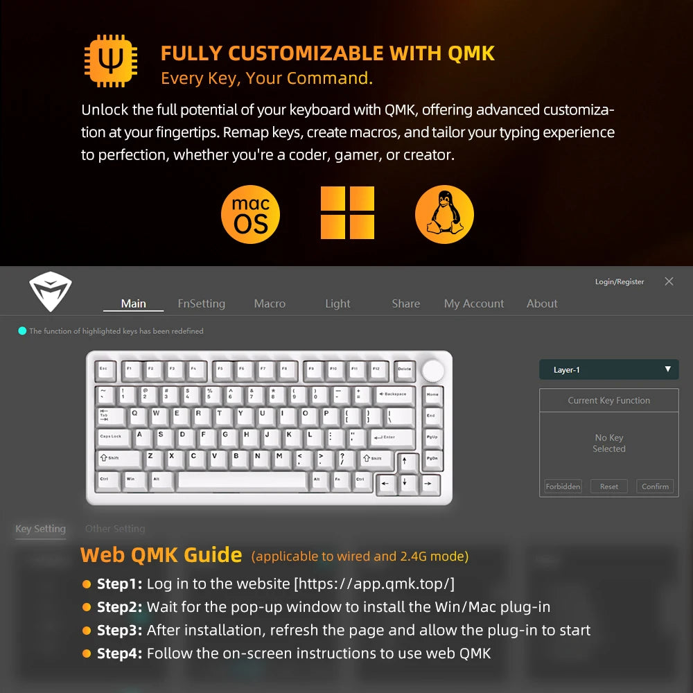 Teclado Mecânico Gaming Sem Fios Machenike K600-B82W Trimodo, Montagem Gasket, Layout ANSI 75% e Retroiluminação RGB