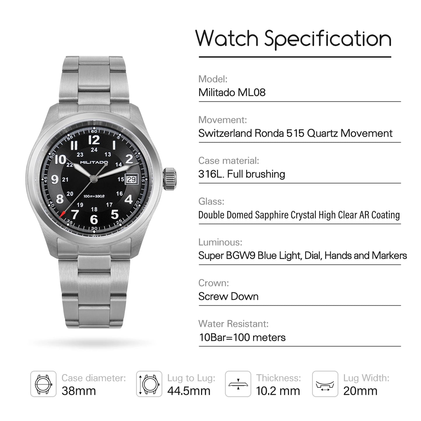 Militado ML08 Quartz Watch Ronda 515 Movement Domed Sapphire Wristwatch BGW9 Luminous 10Bar Waterproof 38mm Vintage Watches