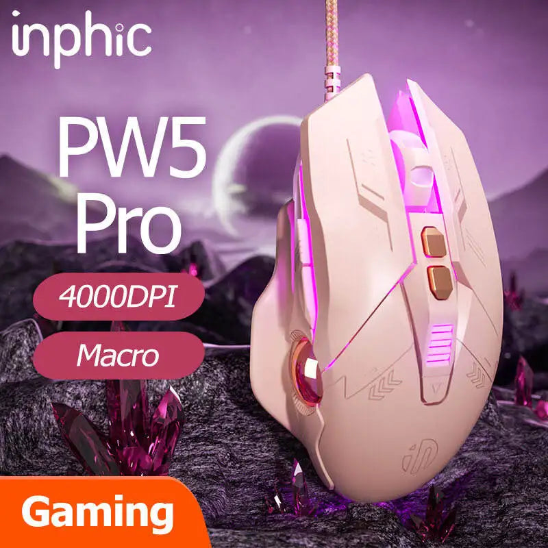 Factory Sales Inphic W8 Wired Gaming Mouse 4000DPI 7 Buttons Macro Definition RGB Breathable Lamp Silent Computer Pink Mouse