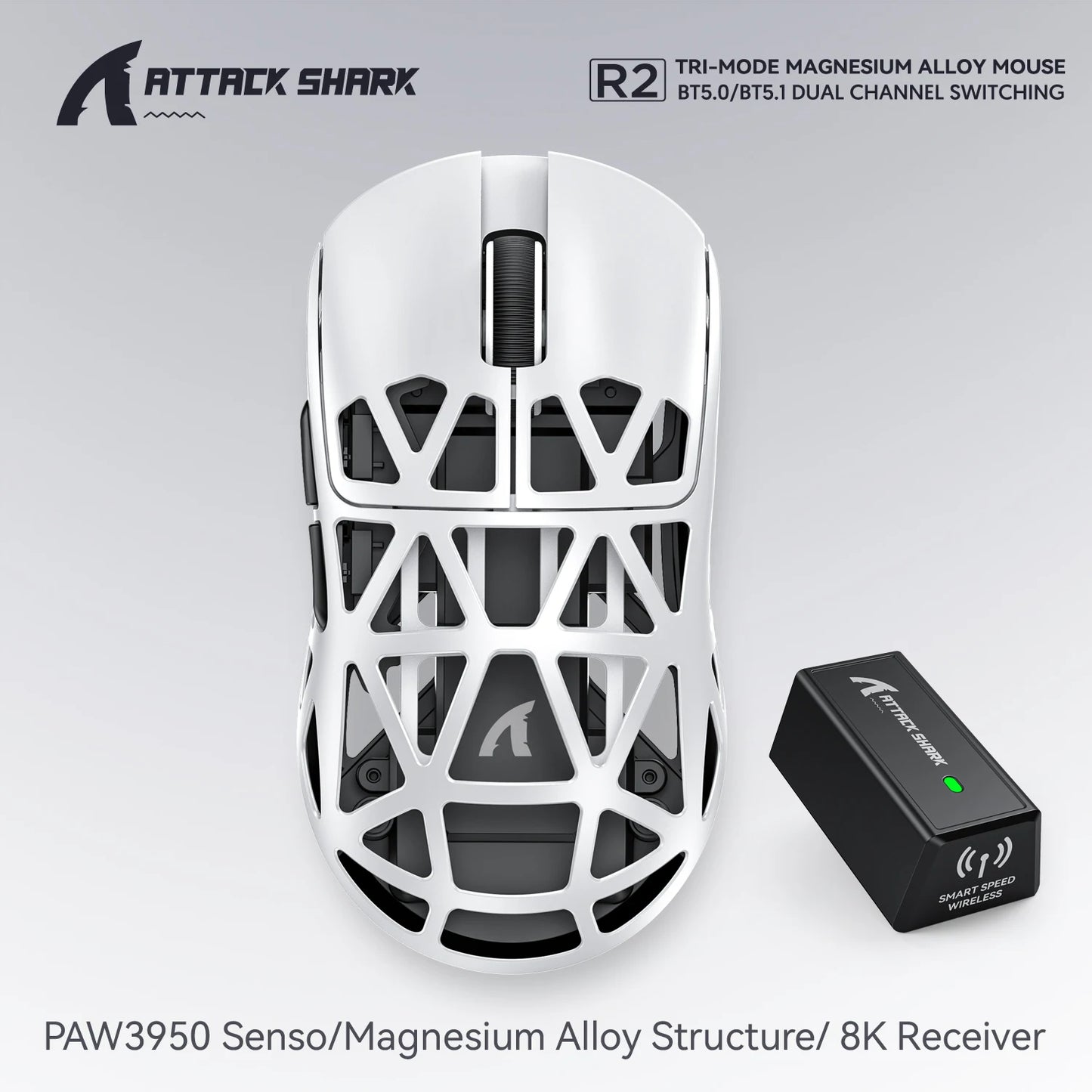 Attack Shark R2 bezdrôtová herná myš PAW3950 8K z horčíkovej zliatiny, ľahká herná myš Bluetooth Tri-Mode na hranie/prácu v kancelárii