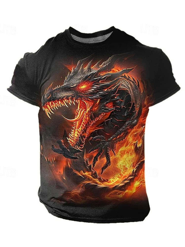 2024 zomer streetstyle heren-T-shirt, urban everyday casual top met korte mouwen, 3D-drakenprint, outdoor heren-T-shirt