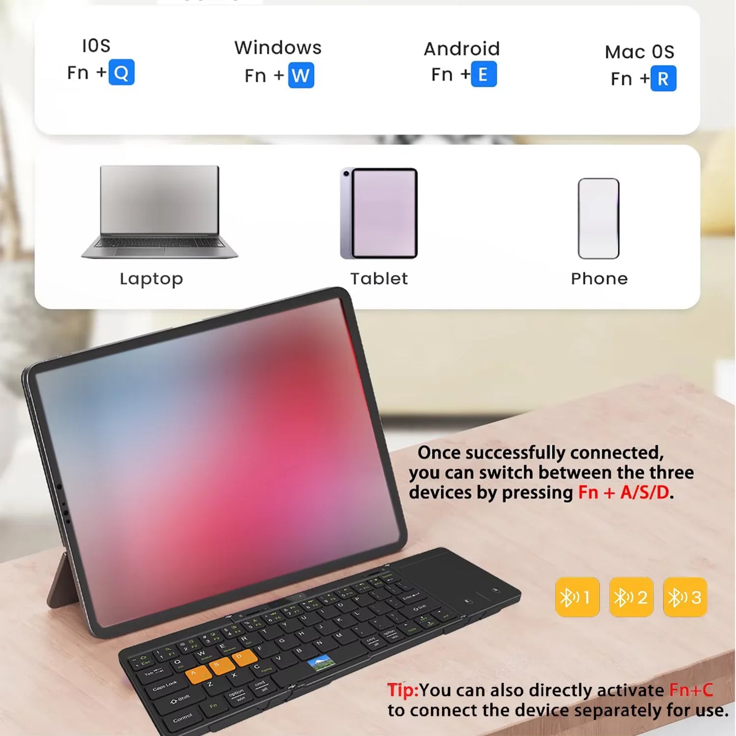Folding Travel Keyboard with Touchpad & Display, Foldable Bluetooth Keyboard for Windows iOS Android, Multi Device Keyboard