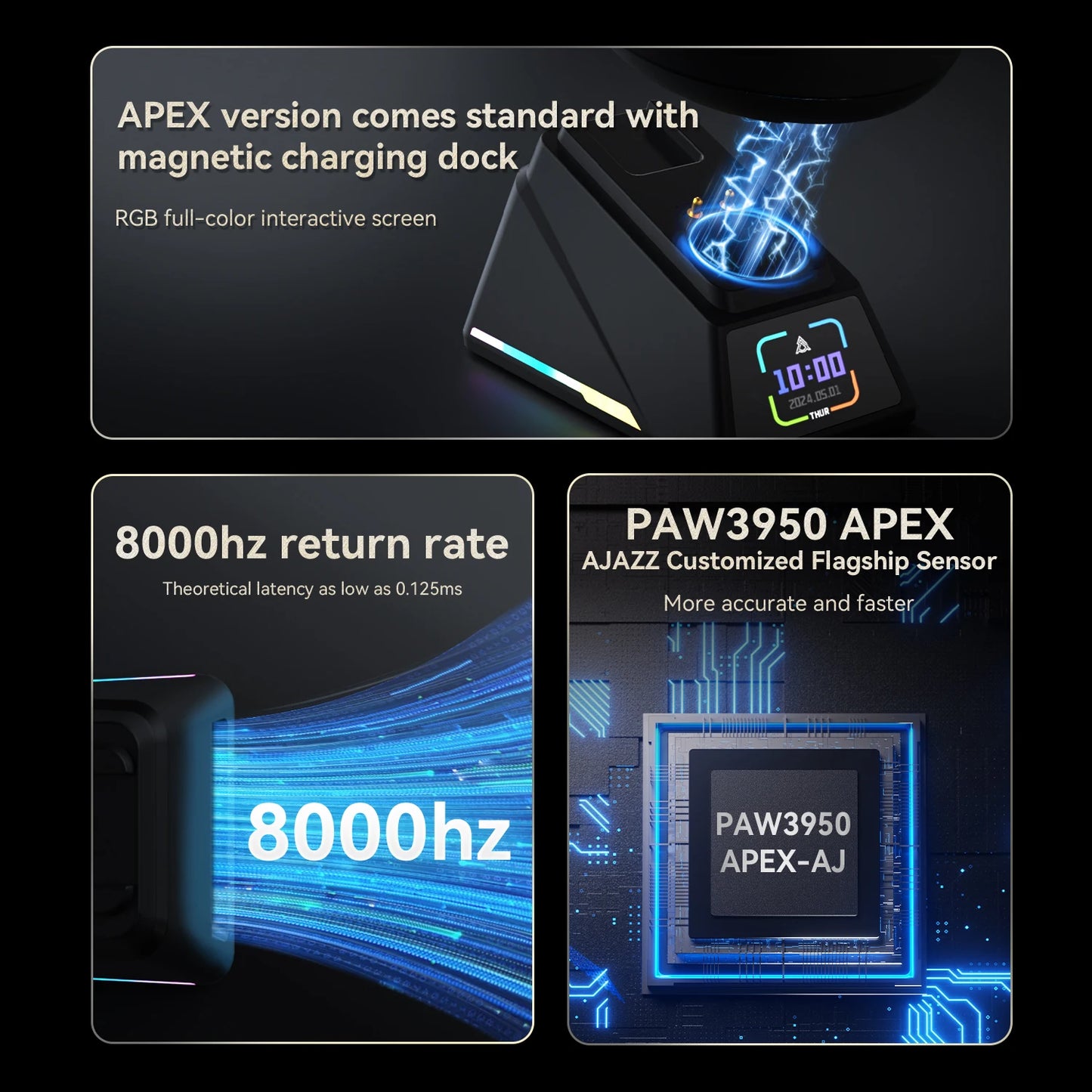 AJAZZ AJ179 APEX Gaming-Maus mit Dock mit Farbdisplay, magnetischem Laden, 8000Hz Hochfrequenz /, Tri-Mode (PAW3950), Rechtshänder
